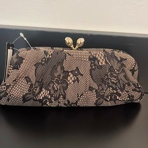 New with tags, never used kisslock  rouched evening, bag, lace pattern, black